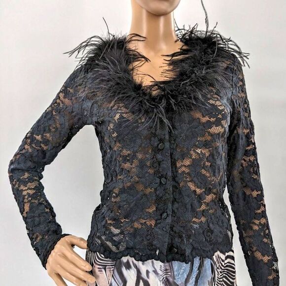 Vintage 90s y2k Lace Top Feather Collar Whimsigoth Black Stretch Clueless M - Picture 9 of 11
